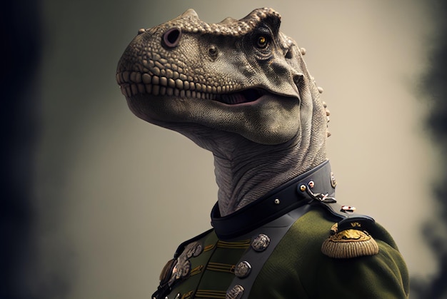 Un dinosaurio con traje de nombre t. rex en eso