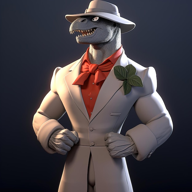 Un dinosaurio con traje, sombrero y corbata.