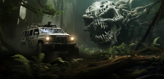 Dinosaurio TRex perseguido por un jeep por una carretera en medio del bosque