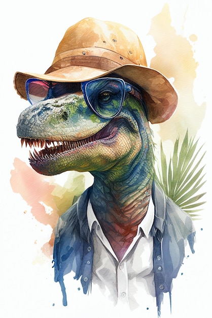 Dinosaurio TRex con sombrero y gafas de sol Ilustración de acuarela para diseño de viajes de verano estampado de camiseta