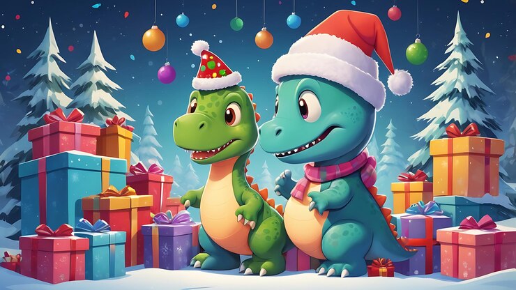 Un dinosaurio verde lindo y dibujado con un sombrero de Navidad rojo y blanco