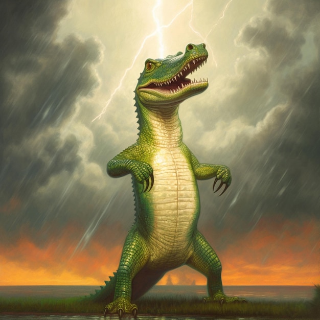 Un dinosaurio verde se para bajo la lluvia con un relámpago en el fondo.