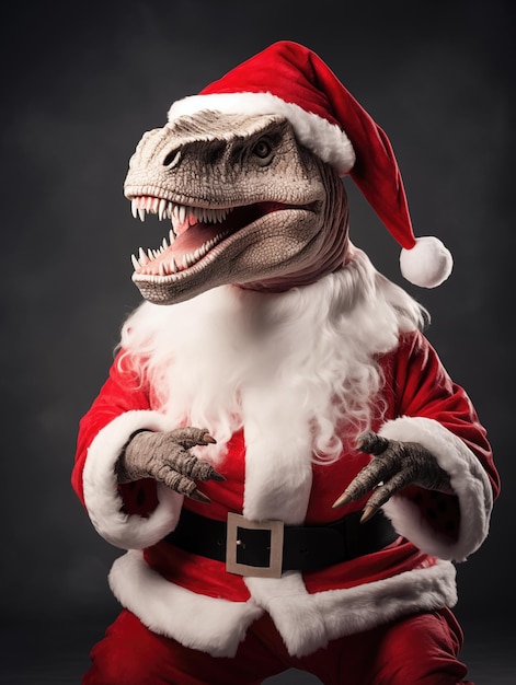 Un dinosaurio vestido de Papá Noel para la Navidad