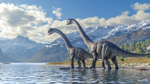 Los dinosaurios adultos de Mamenchisaurus acompañan a un Brachiosaurus que camina solo Generativo Ai