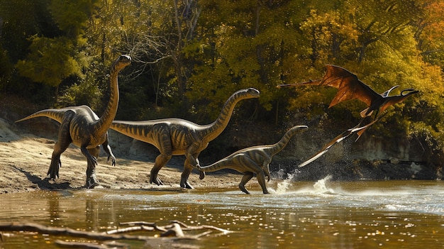 Foto los dinosaurios adultos de mamenchisaurus escoltan a un joven a través de un río pterodactylus aves generative ai