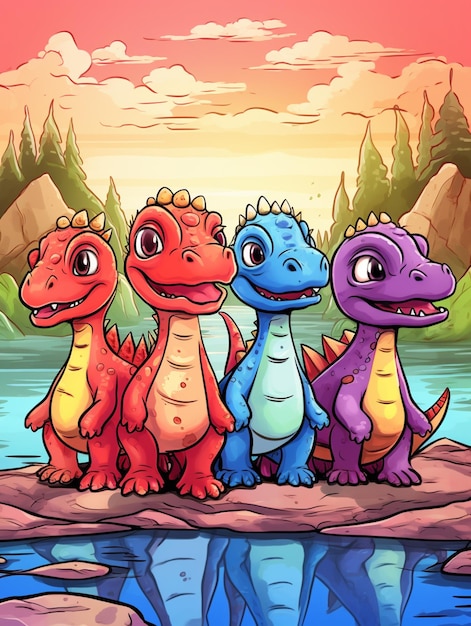 Foto dinosaurios de dibujos animados sentados en una roca junto al agua generativa ai