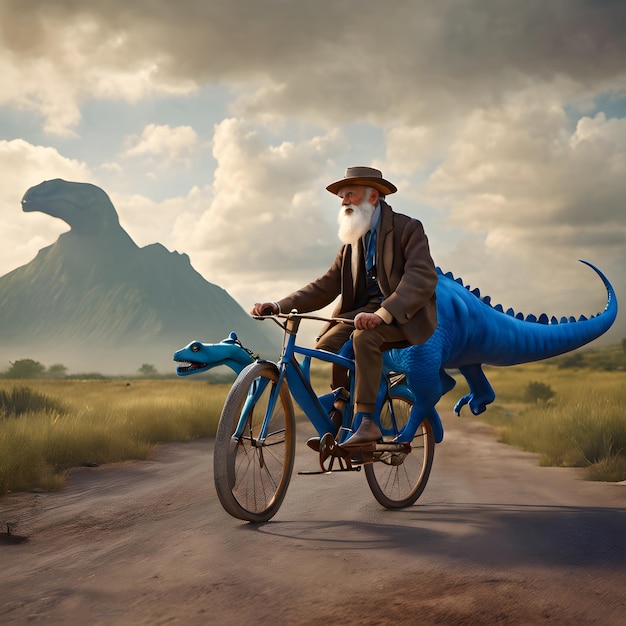 Foto dinosaurios hombre viejo en una bicicleta en el mundo de los dinosaurios