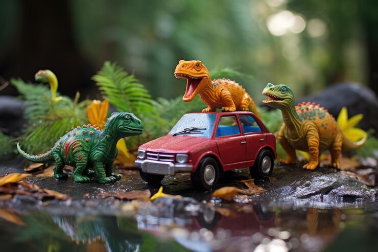 Dinosaurios de plástico en una escena de carreras de coches de juguete