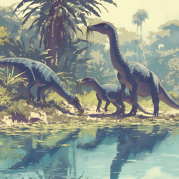 Foto los dinosaurios se reúnen en las orillas de los ríos
