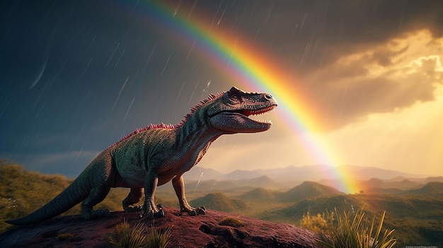 Dinosauro sob um arco-íris em uma paisagem linda