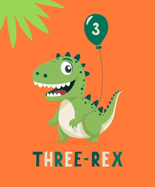 Dinosauro Tirannosauro Três Rex Cartoon Tirex Cartão de Aniversário Feliz para uma Criança de Três Anos Vector Cartoon Caro e Engraçado desenhado à mão Dinosauro segurando balão Crianças Ilustração Impressão
