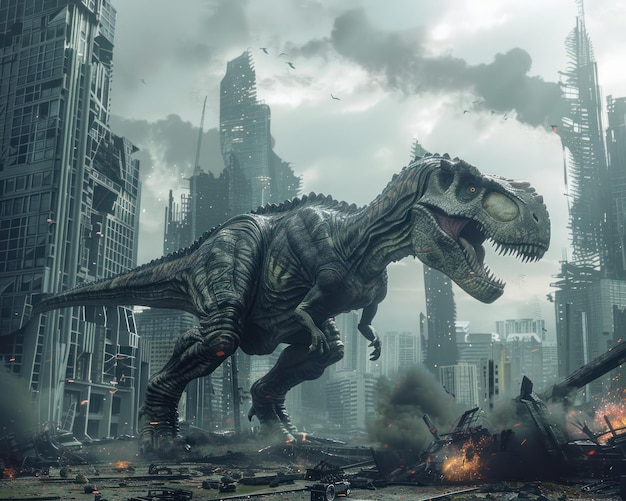 Dinosauros causando estragos em uma cidade criptografada horizonte futurista desmoronando cena de ação intensa