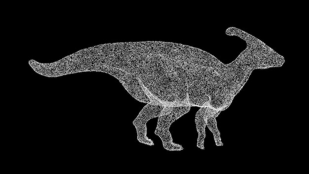 Dinossauro 3D Parasaurolophus em fundo preto Objeto feito de partículas cintilantes Conceito de animais selvagens Para apresentação de texto de título animação 3d