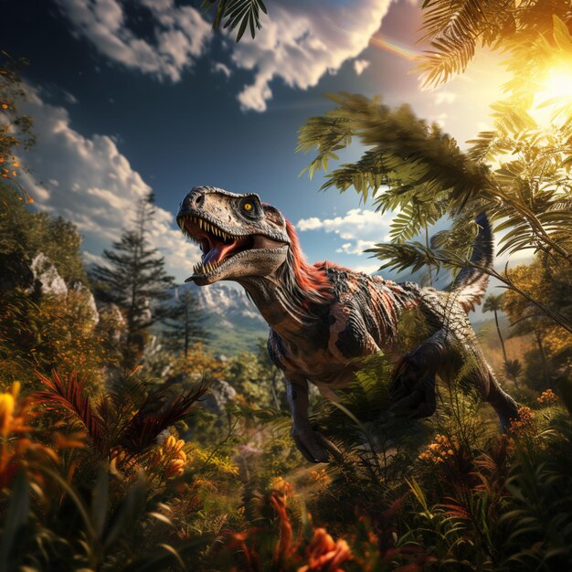 Foto dinossauro arafado em um cenário tropical com um fundo de céu generativo ai