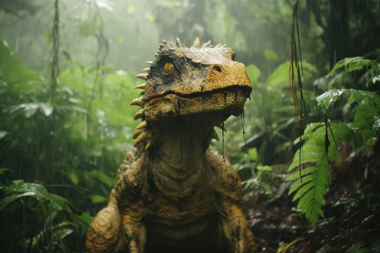 Foto dinossauro assustador assustador na selva chuvosa
