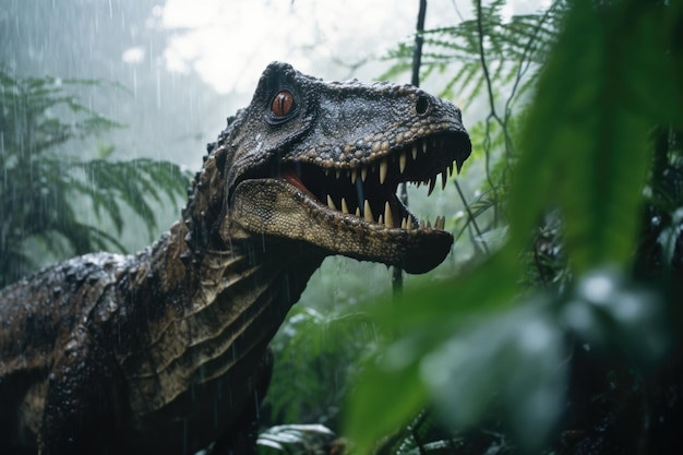 Dinossauro assustador assustador na selva chuvosa
