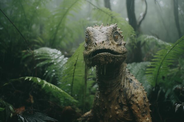 Dinossauro assustador assustador na selva chuvosa
