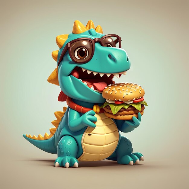Dinossauro bonito comendo hambúrguer com óculos ilustração de ícone vetorial de desenho animado comida animal isolada plana