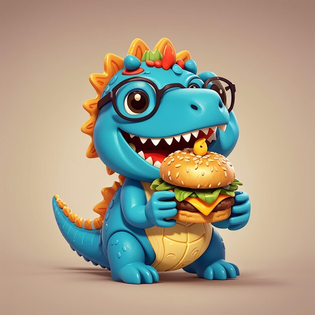 Dinossauro bonito comendo hambúrguer com óculos ilustração de ícone vetorial de desenho animado comida animal isolada plana