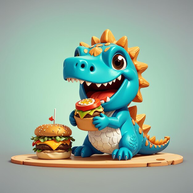 Dinossauro bonito comendo hambúrguer desenho animado ícone vetorial ilustração ícone de comida animal conceito isolado plano