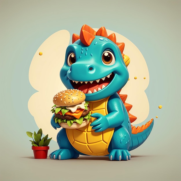 Dinossauro bonito comendo hambúrguer desenho animado ícone vetorial ilustração ícone de comida animal conceito isolado plano