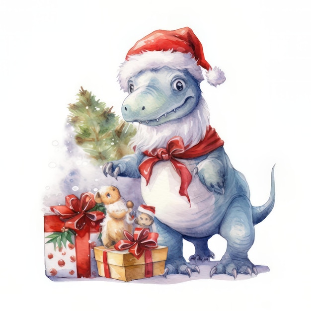 Dinossauro bonito em chapéu de Papai Noel com presentes Ilustração a aquarela