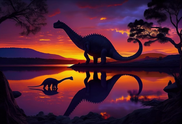 Dinossauro braquiossauro ao pôr do sol à beira do lago