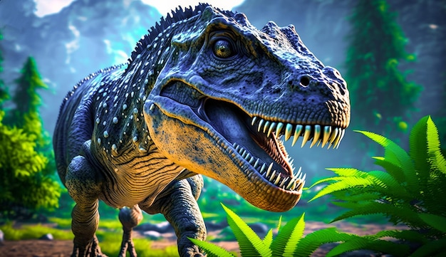 Dinossauro com a boca aberta em pé na grama Generative AI