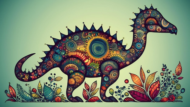 Foto dinossauro com ornamento floral estilo zentangle