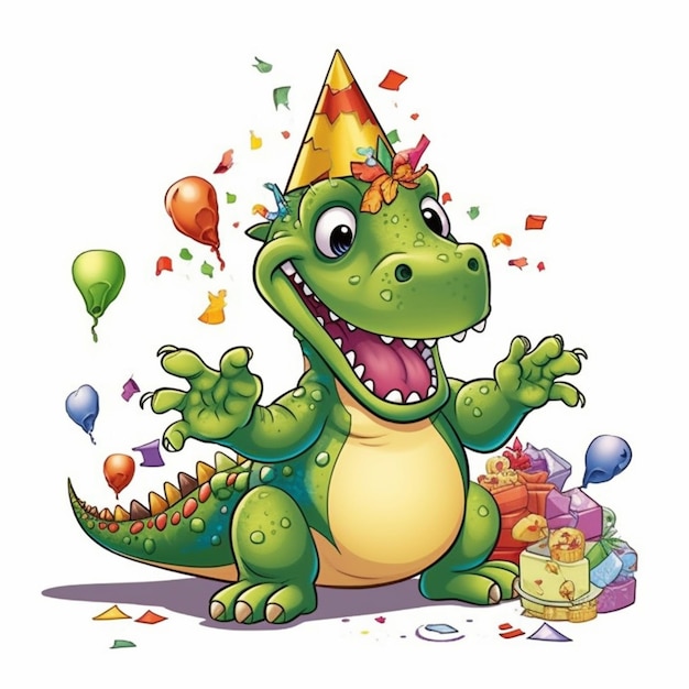 Foto dinossauro de desenho animado com chapéu de festa e balões generativo ai