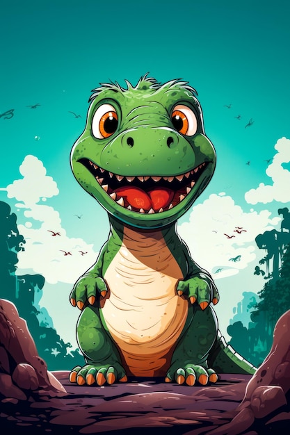 Dinossauro de desenho animado com um grande sorriso no rosto e um sorriso dentado no rosto IA generativa