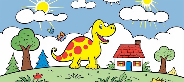 dinossauro de desenho animado em um campo com uma casa e árvores generativa ai