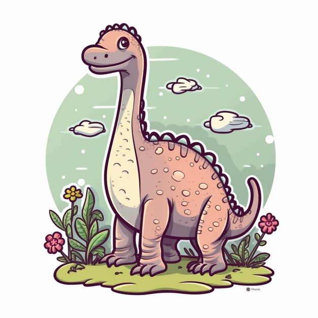 Foto dinossauro de desenho animado na grama com flores e nuvens generativo ai