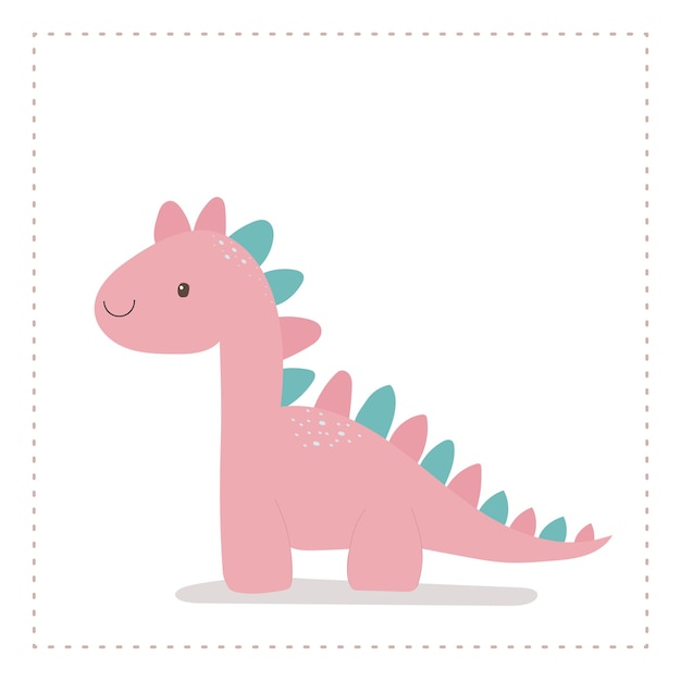 Dinossauro de desenho animado rosa bonito com espinhos azuis em um simples desenho colorido em um fundo branco