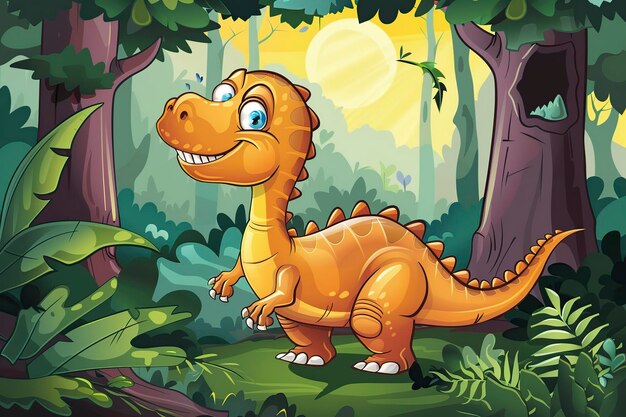 Dinossauro de desenho animado sentado na floresta