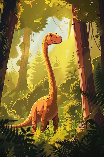 Dinossauro de desenho animado sentado na floresta