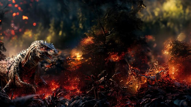 Dinossauro fantástico em uma floresta em chamas