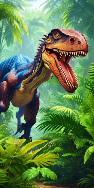 dinossauro no fundo de renderização 3d de plantas tropicais