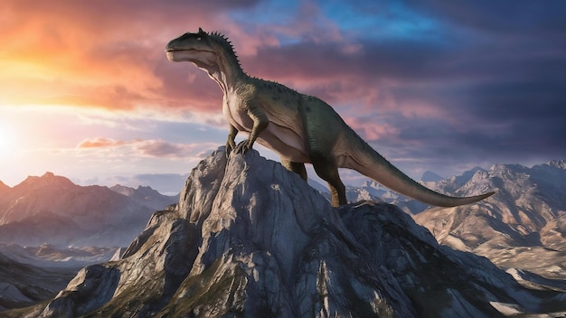 Dinossauro no topo de uma rocha de montanha