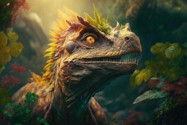 Dinossauro perigoso colorido Citipati em exuberante natureza pré-histórica por IA generativa
