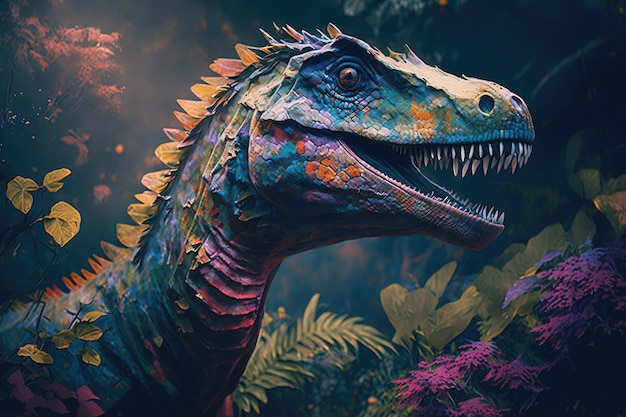 Dinossauro perigoso colorido Hypsilophodon em exuberante natureza pré-histórica por IA generativa