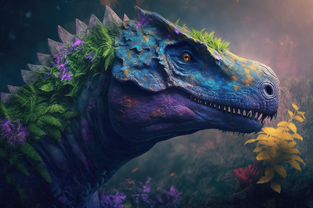 Dinossauro perigoso colorido Jeholosaurus em exuberante natureza pré-histórica por Generative AI