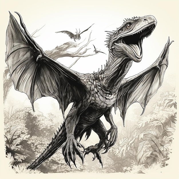 Foto dinossauro pterodáctilo voador dinossauro réptil pré-histórico gravura de desenho preto e branco