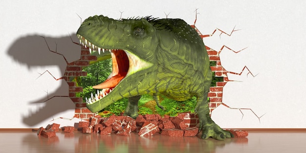 Dinossauro saindo de uma falha na parede, ilustração 3D