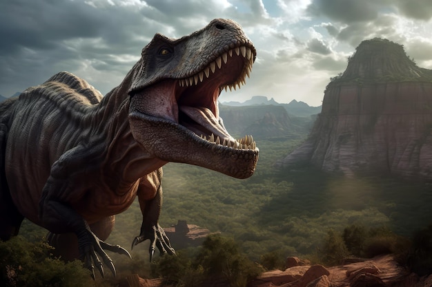 Foto dinossauro trex rugindo em rocky canyon generative ai