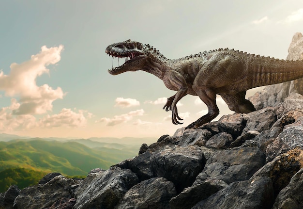Foto dinossauro tyrannosaurus rex no topo da montanha rock