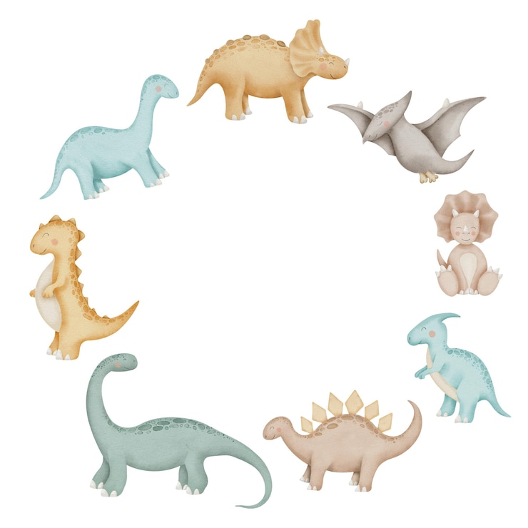 Foto dinossauros aquarela frame redondo cute baby dino ilustração desenho de coroa com animais pré-históricos para convites de banho de bebê ou cartões de felicitações de aniversário fronteira em cores pastel