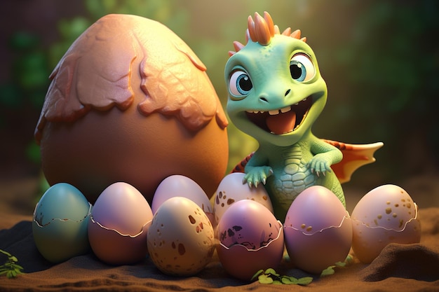 Foto dinossauros bebês fofos saindo de ovos