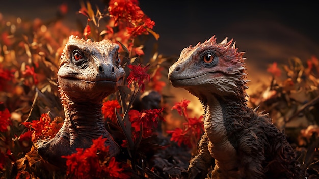Dinossauros de fantasia em uma floresta pré-histórica