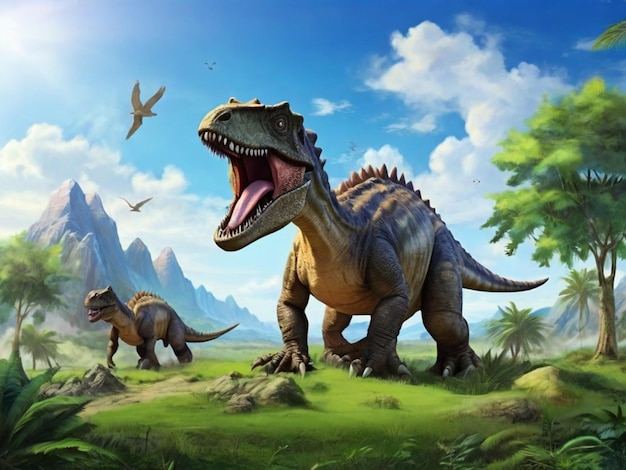 Dinossauros de grama verde e fundo de céu azul habitat de dinossauros